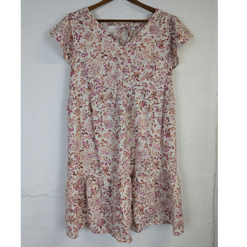 Isabel Maternity Linen Blend Floral Dress Tiered Pink Orange Cottage Medium